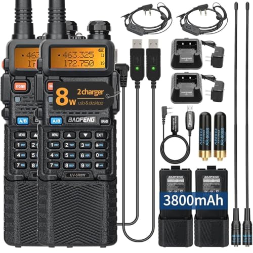 BAOFENG Radio UV-5R 8W Ham Radio Long Range UV5R Dual Band Handheld High Power 3800mAh Rechargeable Walkie Talkies Handheld Two Way Radio with Programming Cable and Earpiece for Survival Gear,2Pack