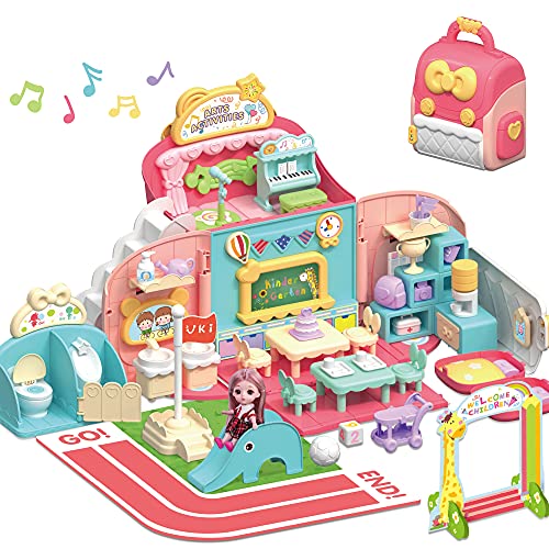 iPlay, iLearn Kids Dollhouse Toy Playset, Girls Pretend Play Doll House School Set W/ Portable Backpack and Accessories, Birthday Gifts for Age 3 4 5 6 Year Old Kindergarten...