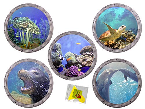 5 Pcs Fish Wall Stickers, Ocean Animals Turtle 3D Stickers Window Wall Decals Murals, for Bathroom Kids Room Classroom Home Stick Decor