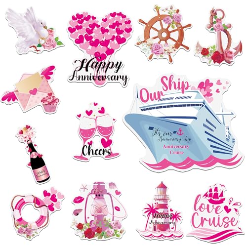 12 Pcs Anniversary Cruise Door Decorations Magnetic - Pink Love Cruise Anniversary Cruise Door Magnets, Happy Anniversary Decorations, Cruise Magnets for Cabin Door Party Fridge