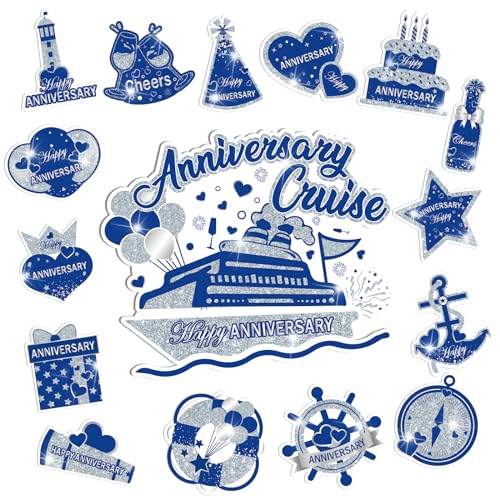 Happy Anniversary Cruise Door Magnets Decorations, Blue Silver Happy Anniversary Cruise Ship Door Decor Magnetic for Married Men Women Wedding Party Refrigerator Fridge Car Kitchen Garage Personalized