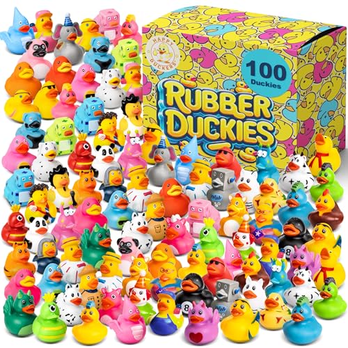 Happy Duckers Rubber Ducks - 100 Piece Bulk Pack for Bath, Pool, Party, Cruise, Jeep Ducking, Decoration & More - Small Assorted Funny Toy Duckies...