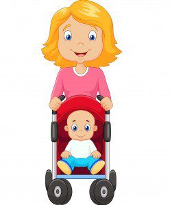 Illustration of smiling mom pushing happy baby in perfect stroller to take on a cruise with a baby