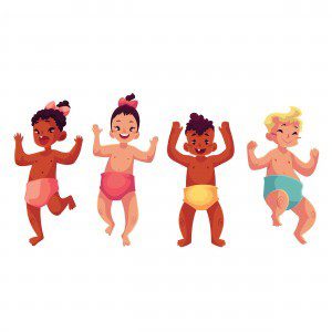 Illustration for taking a cruise with a baby. Four infants of various ethnicities in diapers.