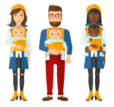 colored illustration of 3 parents taking babies on cruises