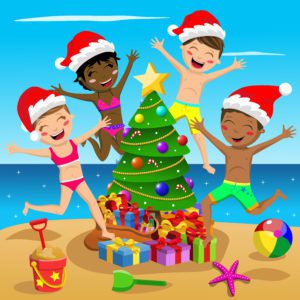 Travel gifts for vacationing kids. Vector illustration of kids around xmas tree on beach.