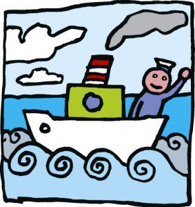 Disembark Day - vector illustration of sailor on ship waving goodbye.