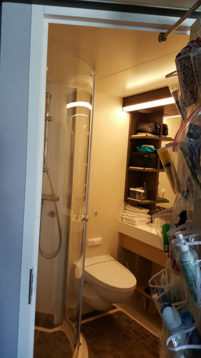 photo of sample cruise cabin bathroom on family cruise with a baby