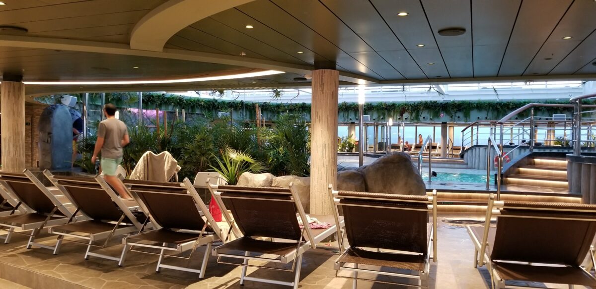 Rows of brown lounge chairs sit under a jungle-themed enclosure with greenery, leading to a small whirlpool pool.