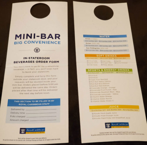 Royal Caribbean Beverage Package | photo of mini-bar order form 