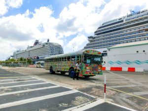 Aruba Cruise Port | Colorful tour bus in Aruba.