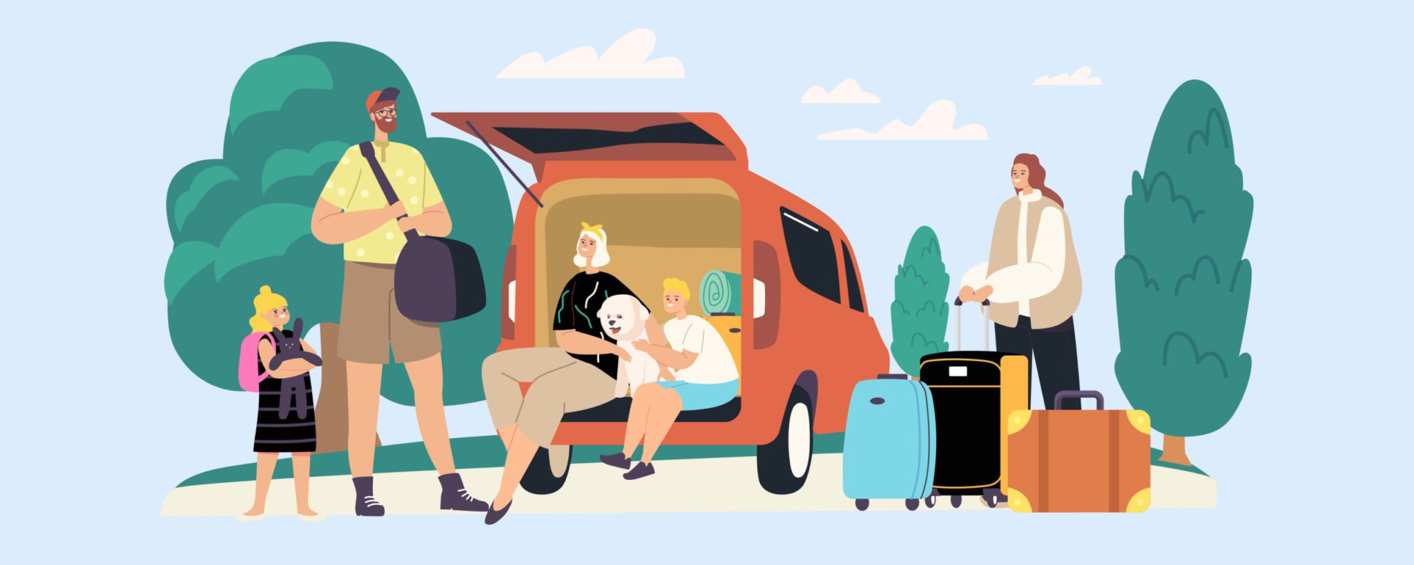 Saving Money on Vacation | color graphic of multigenerational family loading vehicle with luggage