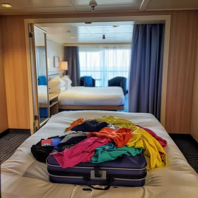 Cruise Laundry | photo of laundry piled on top of suitcase in cruise cabin