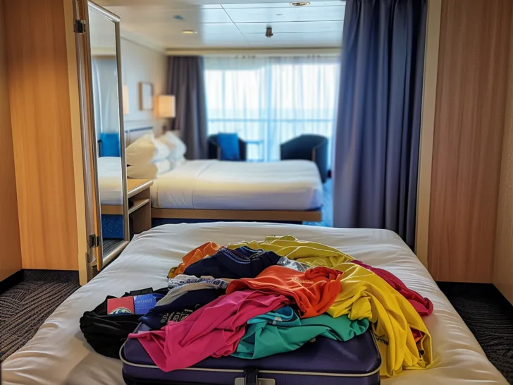 Cruise Laundry | photo of laundry piled on top of suitcase in cruise cabin