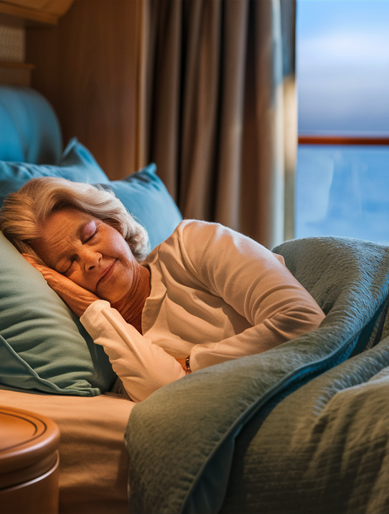 Unique Packing Tips | image of older woman sleeping in cruise cabin bed next to travel humidifier.