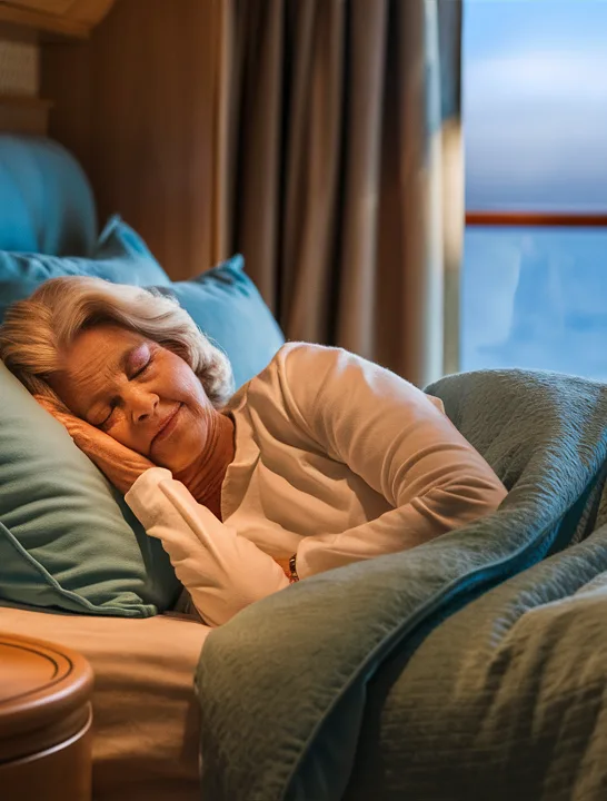 Unique Packing Tips | image of older woman sleeping in cruise cabin bed next to travel humidifier.