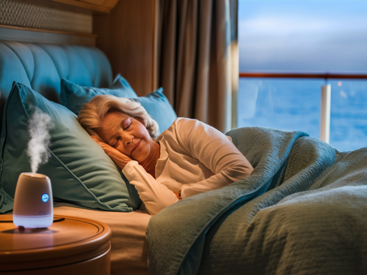 Unique Packing Tips | image of older woman sleeping in cruise cabin with portable humidifier.
