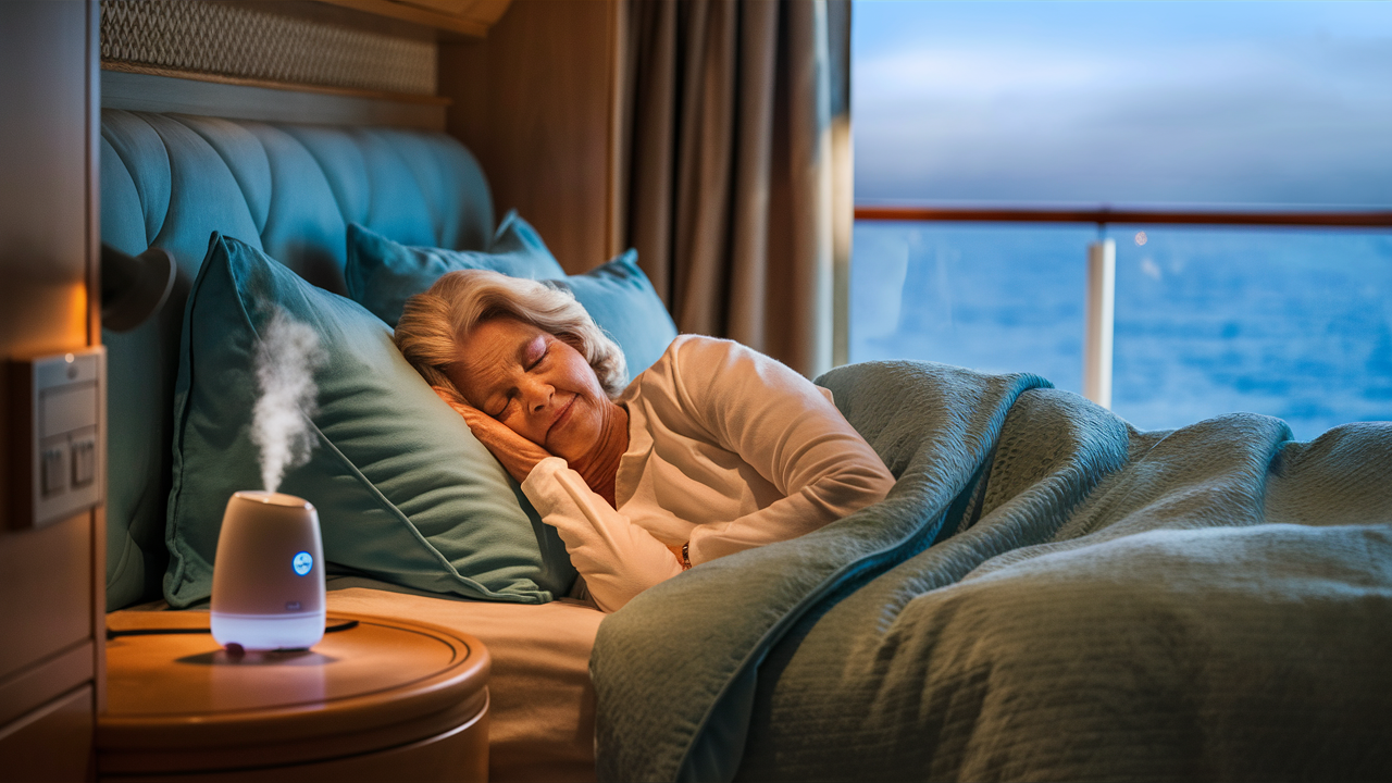 Unique Packing Tips | image of older woman sleeping in cruise cabin bed next to travel humidifier.