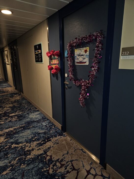 Cruise cabin doors decorated with Christmas garlands.