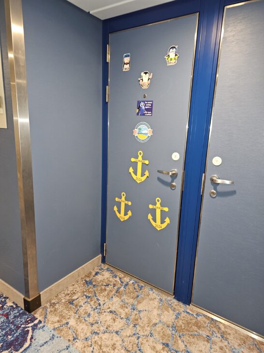 Cruise Cabin Door Decorations | photo of cruise cabin door with personalized nautical decorations.