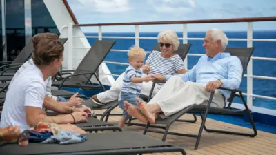 Cruise the Caribbean | grandparents lounging on deck of cruise ship with their kids and grandchild