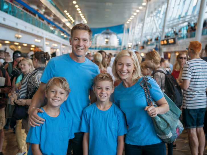 Family Cruise Tips | A smiling family of four, dressed in matching blue t-shirts, poses together in a busy cruise terminal. 