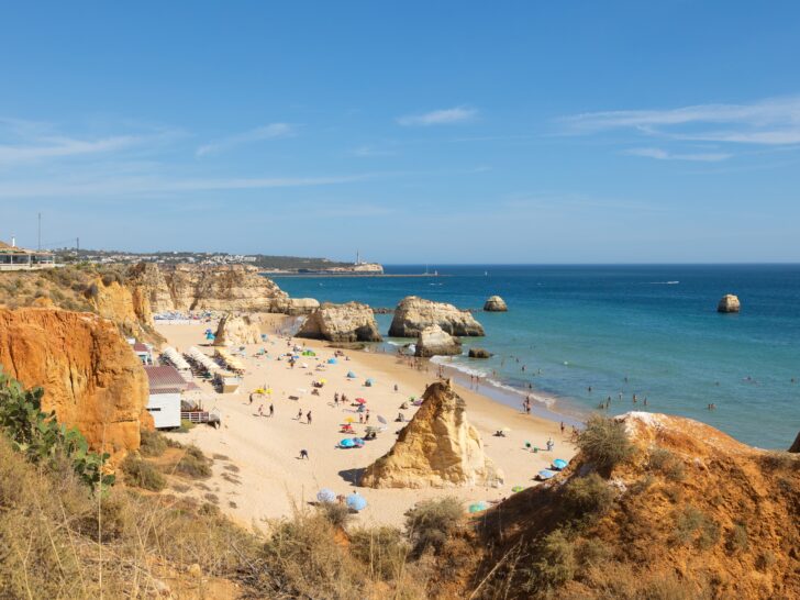 Praia da Rocha in Portimão, Portugal, features a popular beach with stunning rock formations.