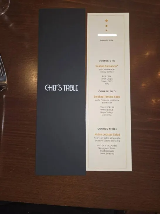 Photo of exemplar Chef's Table menu (front).