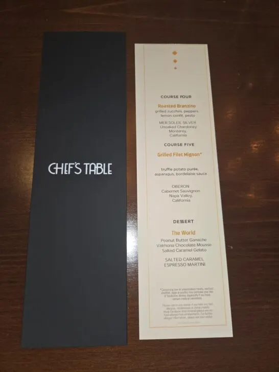 Photo of exemplar Chef's Table menu  (reverse side)