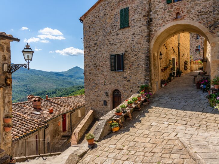 Picturesque village near Pisa with stone buildings, flower-lined streets, and scenic views of the Tuscan countryside, popular for day trips from Livorno.