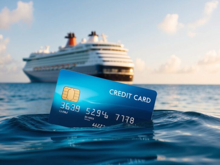 Close-up of a credit card in the water near a cruise ship, representing cruise line credit cards.