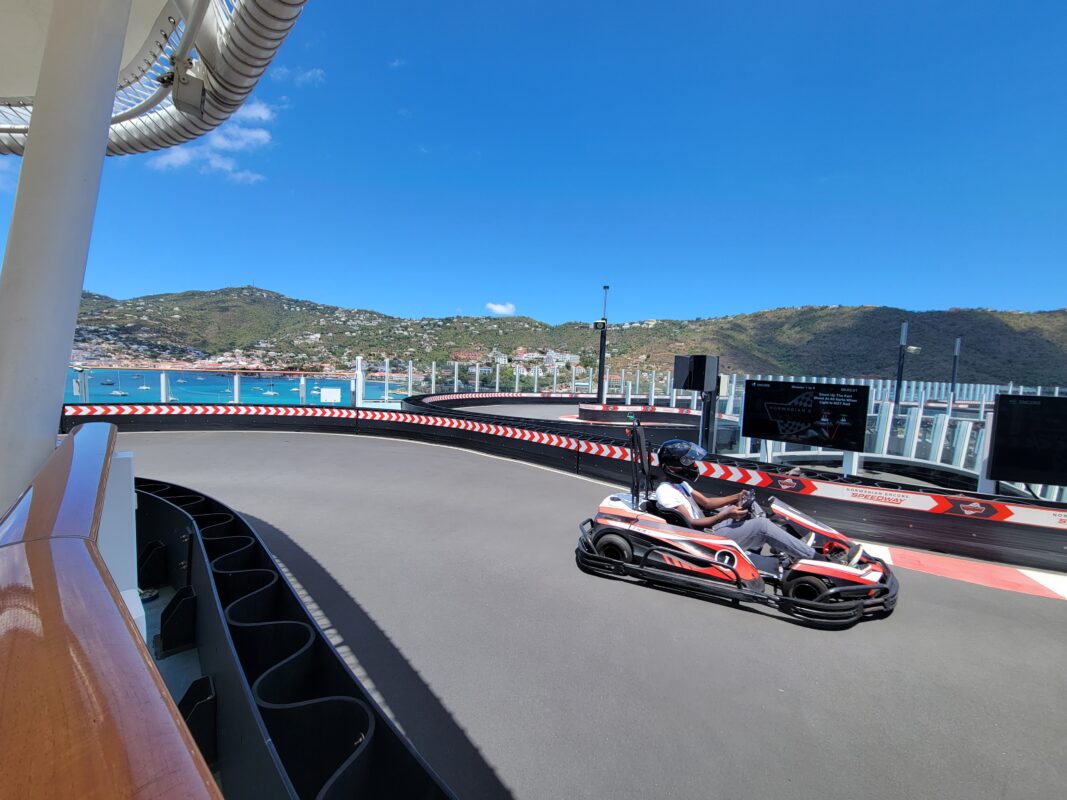 Norwegian Encore’s elevated go-kart track offering high-speed fun with panoramic ocean views.