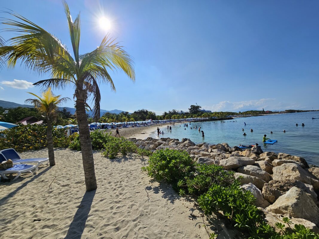 Bahamas vs Caribbean | A sunlit tropical beach at Labadee, Haiti, featuring a palm tree casting a long shadow on the sand, lush greenery along a rocky shoreline, and rows of blue umbrellas lining the beach. People are enjoying the water, while a cruise ship is visible in the distance.