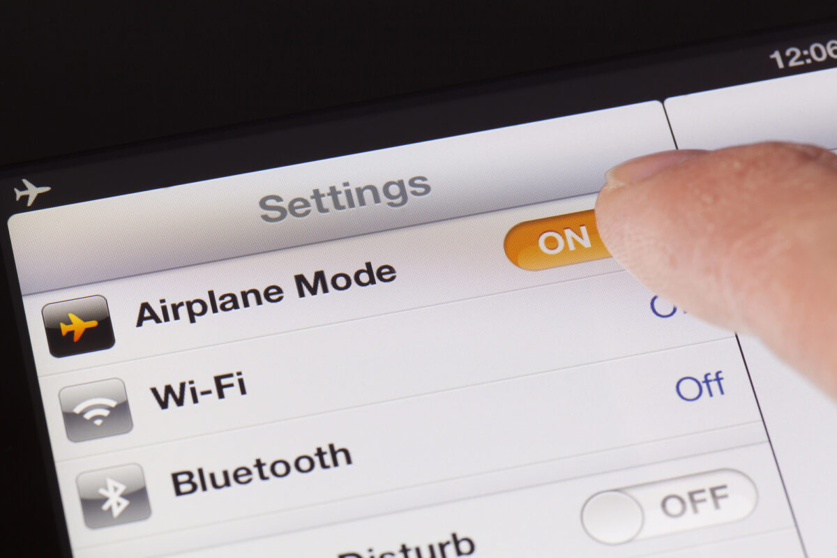 A smartphone screen showing the settings menu with airplane mode switched on and Wi-Fi turned off.