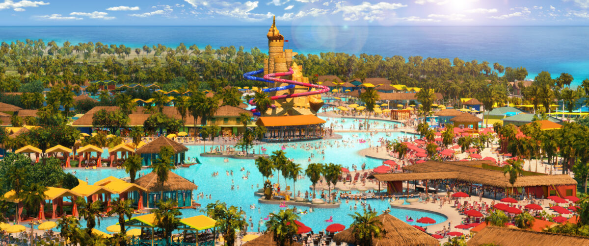 Artistic rendering of an aerial view of Carnival's new Celebration Key - featuring the gigantic replica sand castle.