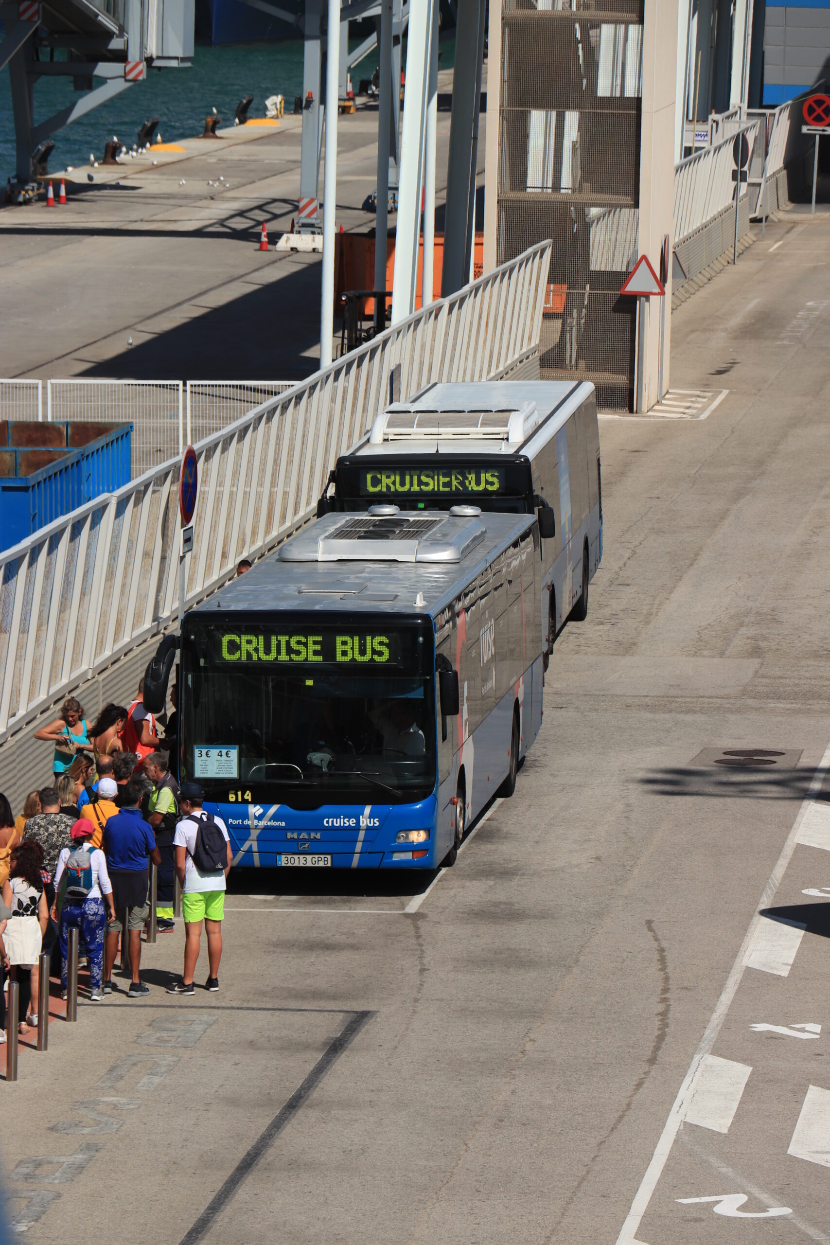 Large cruise excursion buses parked at the port, with tourists waiting in line to board.