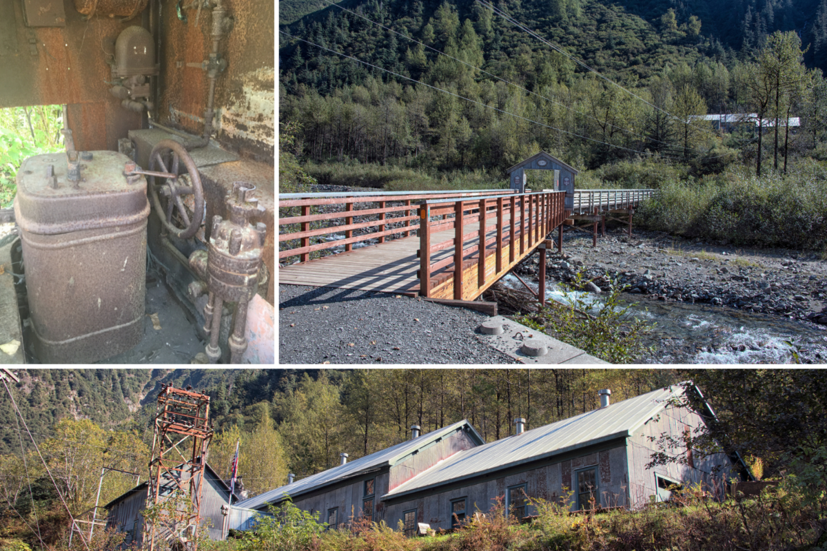 A collage of images depicting the preserved buildings and mining equipment at the Last Chance Mining Museum, formerly the Jualpa Mining Camp.