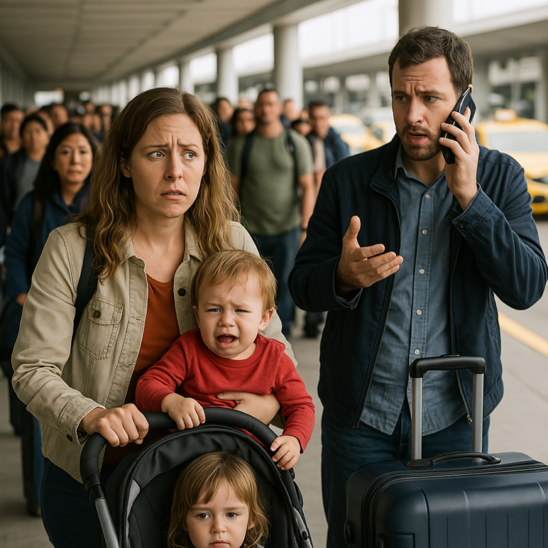 A distressed family with young children waits outside a busy airport terminal, as the father makes a call and the mother looks overwhelmed.