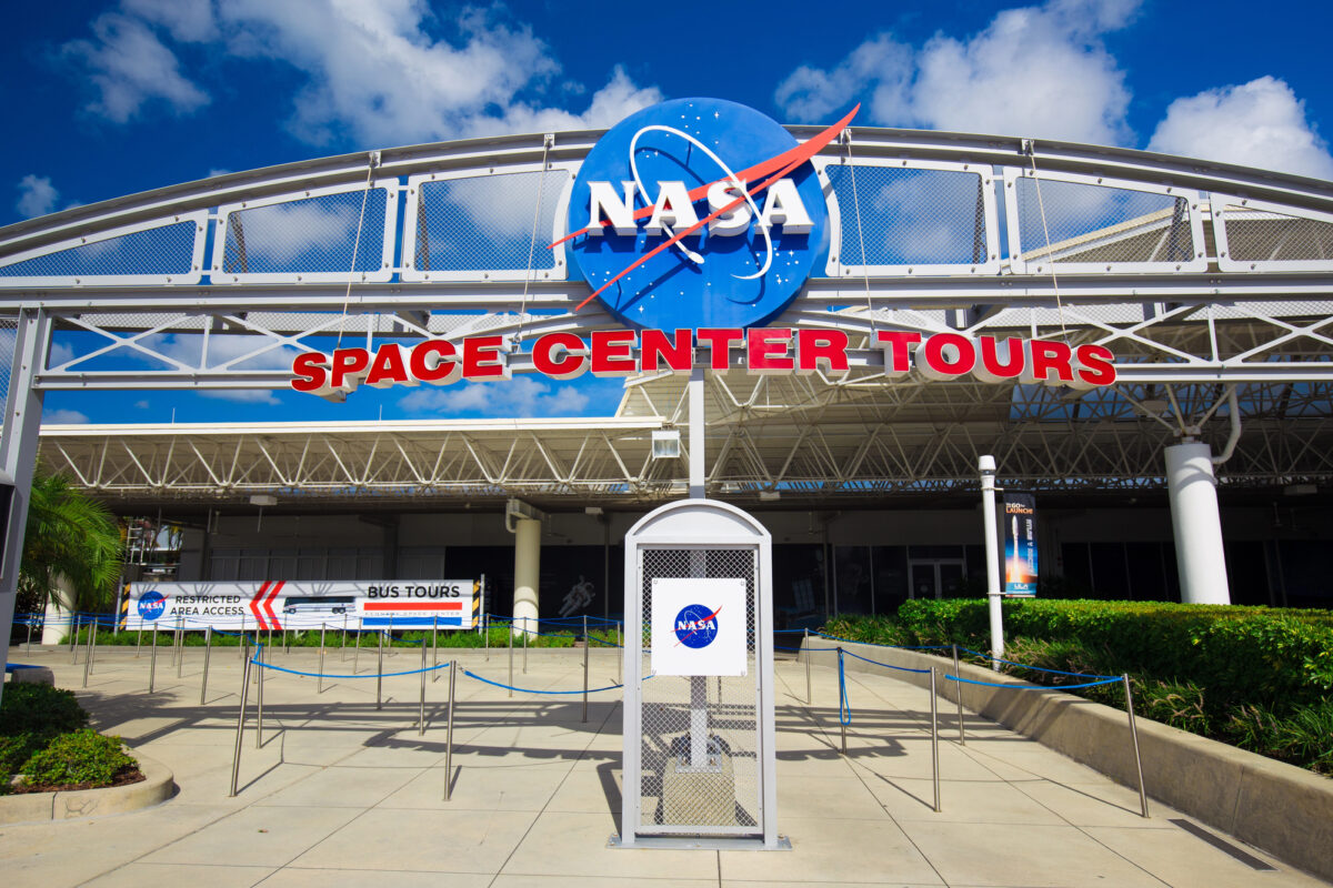 Signage and queue lines at the Kennedy Space Center’s Space Center Tours entrance in Cape Canaveral, Florida.