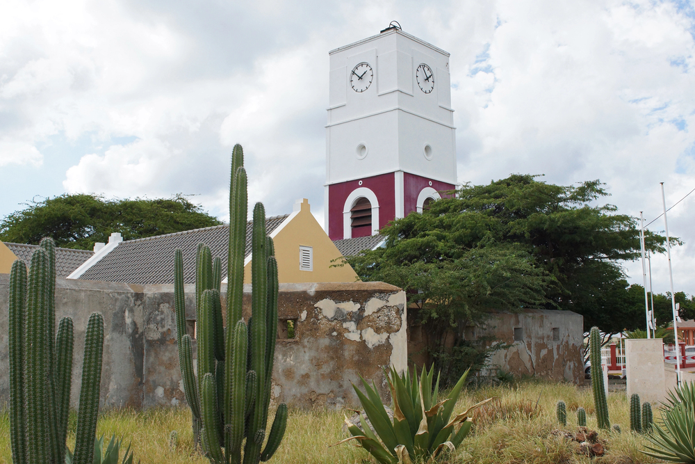View of Fort Zoutman and the Willem III Tower in Oranjestad, Aruba, with cacti and old stone walls in the foreground.