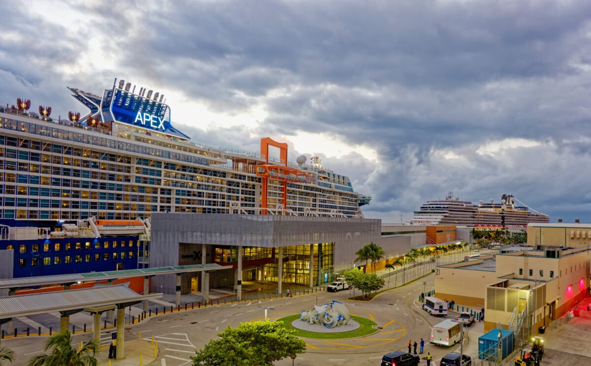Wide view of cruise terminals at Port Everglades with Celebrity Apex and other ships in port.