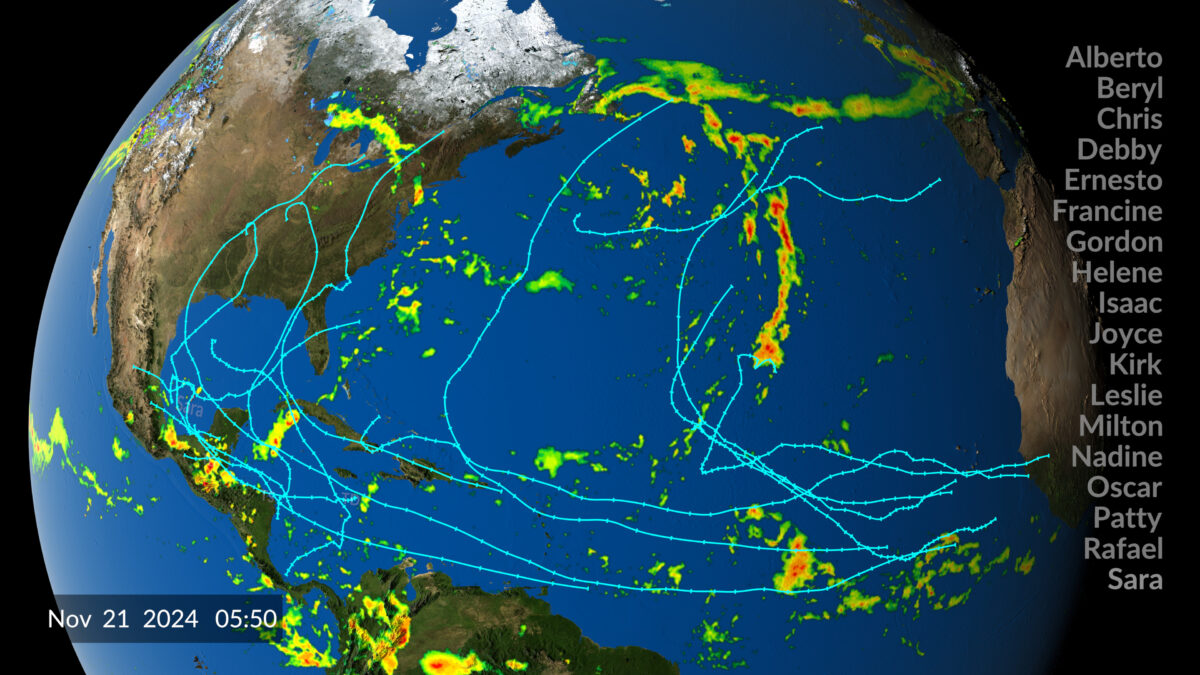 Still image from NASA data showing the 2024 Atlantic hurricane season's storm patterns and names, with storm tracks crisscrossing the ocean.