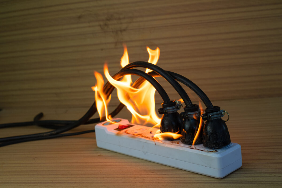 Surge protector on fire with multiple black power cords melting and flames rising.