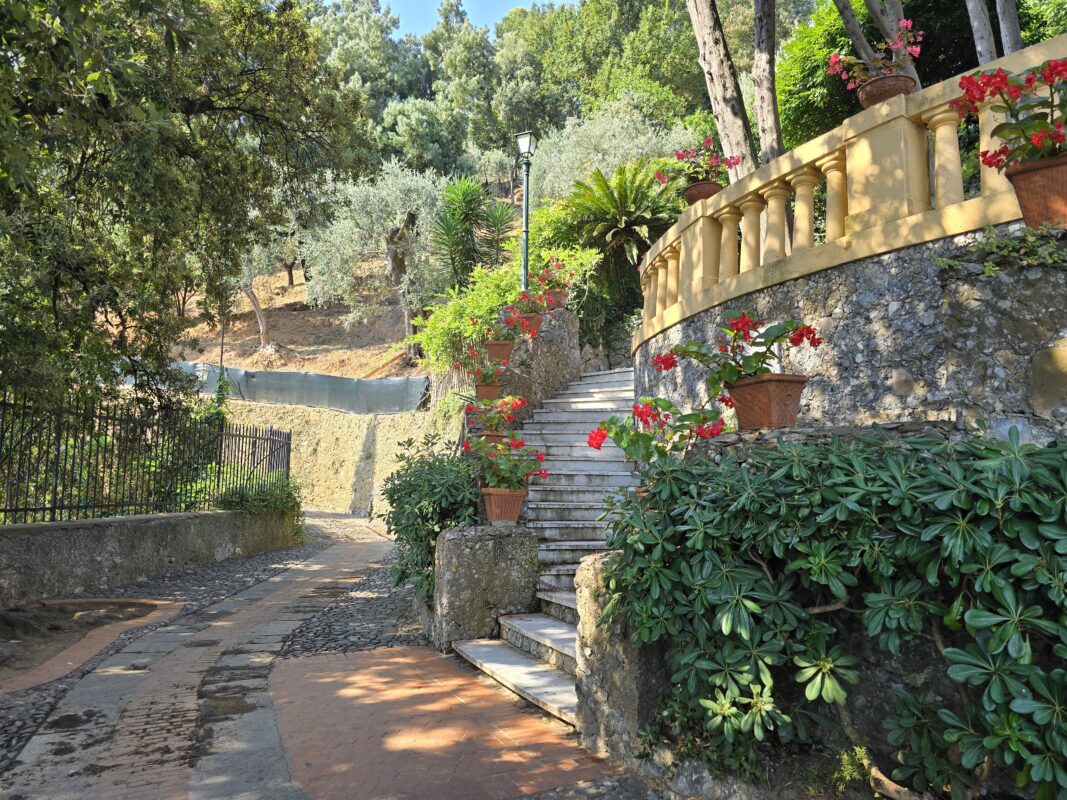 Trail to Castello Brown with stone steps, plants, and hillside views near the Portofino cruise port.