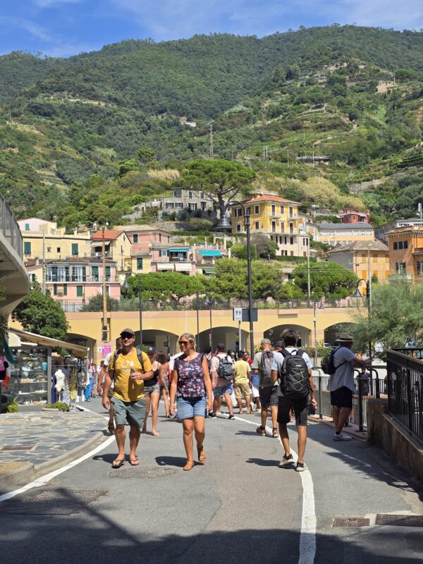 Monterosso village street filled with people, framed by colorful buildings and steep terraced slopes.