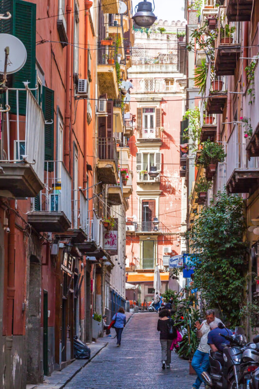View of a lively alley in Naples’ historic center, with laundry lines, shop signs, and balconies crowded with flowers and plants.