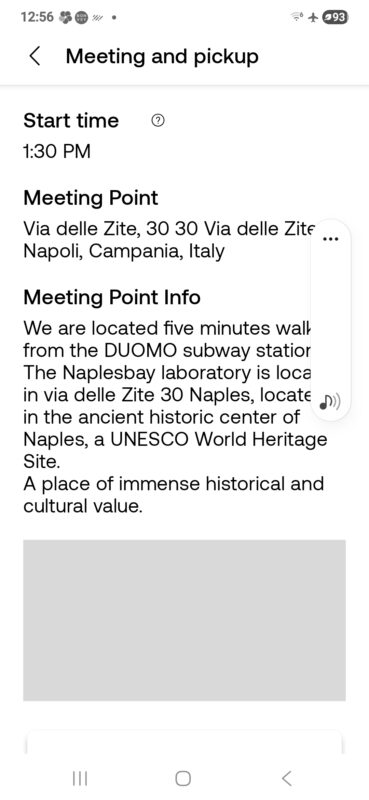 Mobile screen displaying start time and instructions for finding the Naples cooking class near the Duomo subway station.