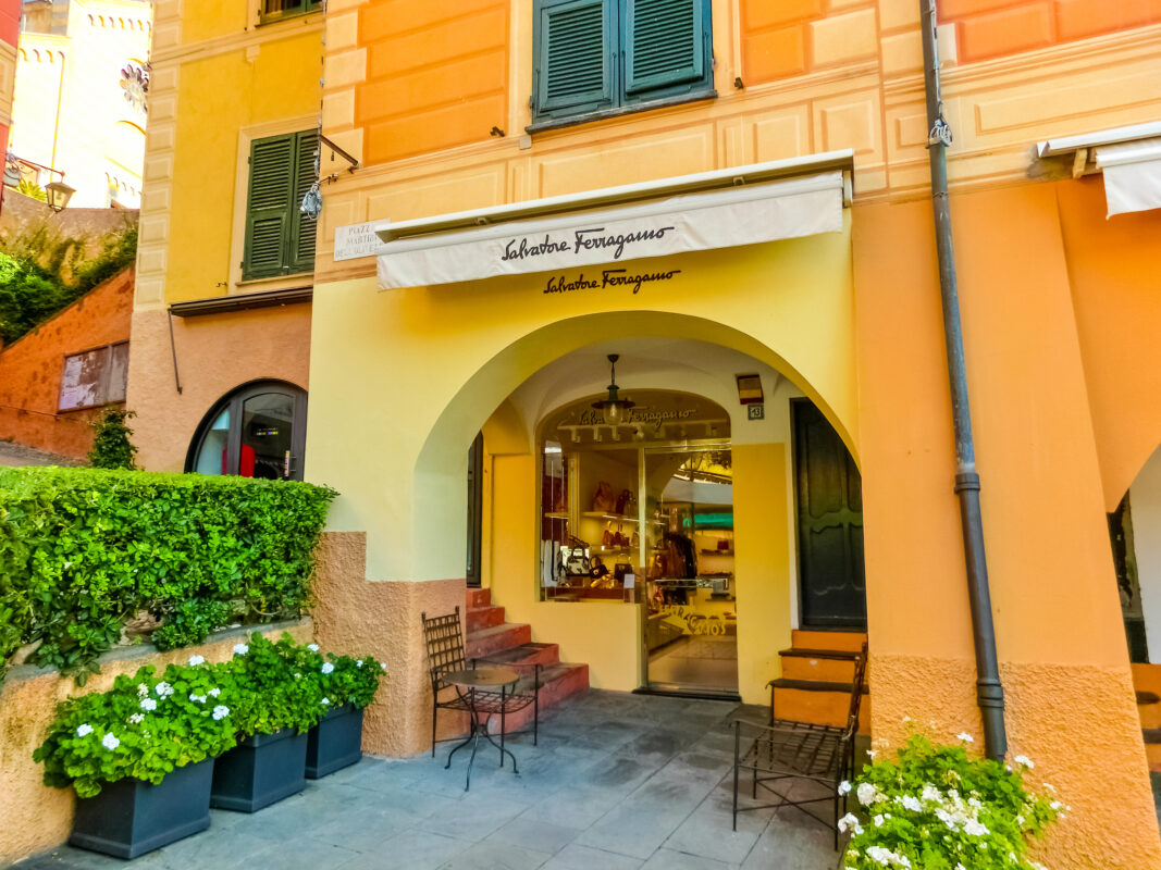 Store front of high-end fashion shop in Portofino, reflecting the Italian Riviera’s glamorous reputation.