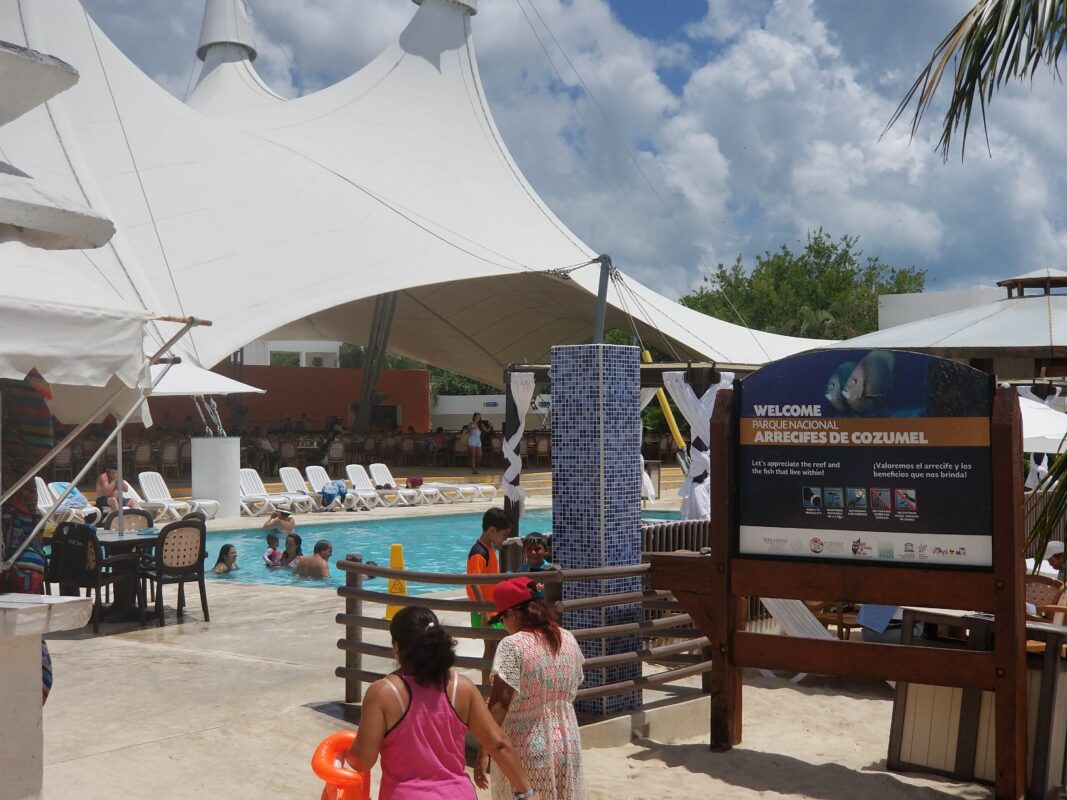 Families and swimmers relaxing around a pool under white canopy tents with lounge chairs and palm trees at Playa del Mia in Cozumel, Mexico.