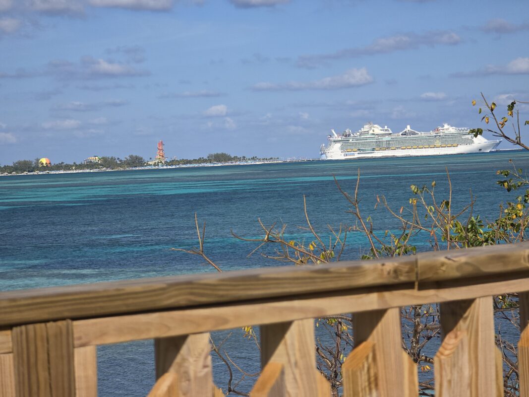 Royal Caribbean cruise ship anchored near CocoCay, Bahamas, with turquoise water, beach trees, and the island’s tall water park tower in view.